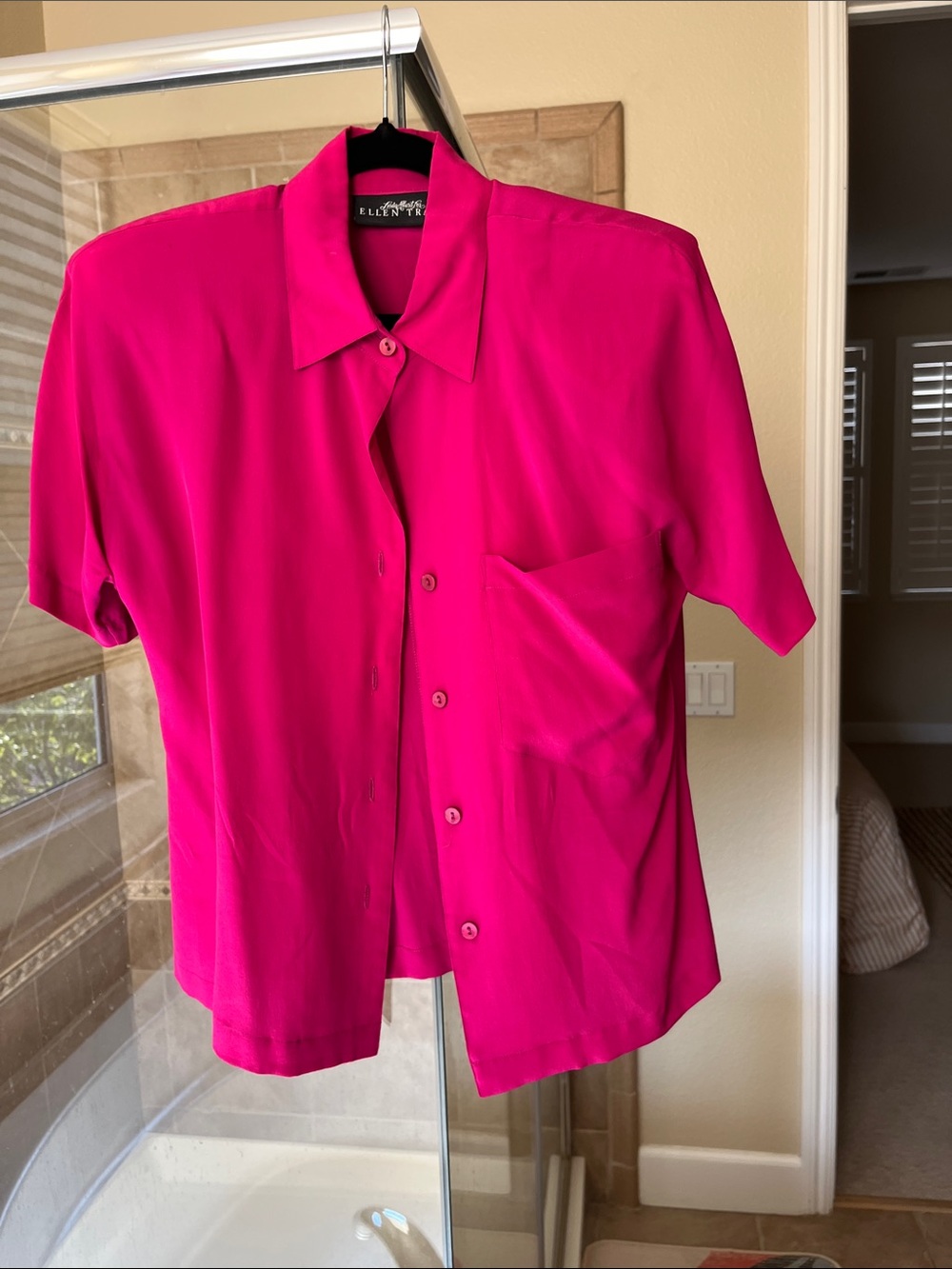 Ellen Tracy woman’s Short-Sleeve Button-Down Shirt in Bright Fuchsia